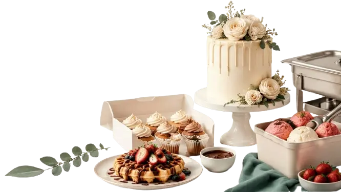 Dessert spread with a celebration cake, cupcakes, a waffle and a tray of ice cream